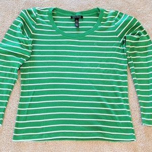 Lauren Ralph Lauren Green and White Striped  Long Sleeve Tee Size L